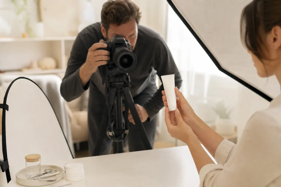 Plan zdjęciowy reklamy kremu do rąk, modelka trzyma tubkę, fotograf ustawia aparat z obiektywem makro